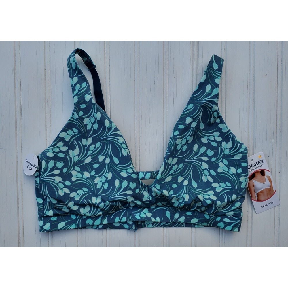 Jockey NWT Seamfree Bralette Size Medium Removable pads Green Teal Floral